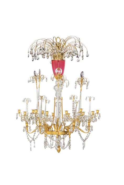 An Imperial Russian Ormolu Crystal Ruby And Clear Glass Eighteen Light Chandelier Attributed