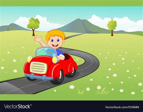 Cartoon Boy Driving Red Car Royalty Free Vector Image