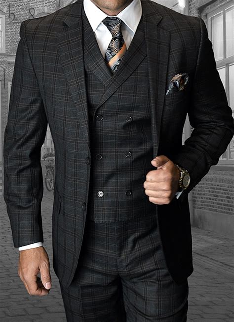 Mens Slim Fit 3 Piece Burgundy Gray Sage Plaid 150s Wool Suit Double