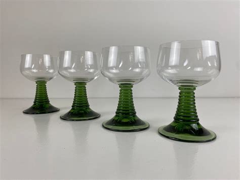 set of 4 large green stemmed wine glasses green ribbed stem roemer glasses vintage mid