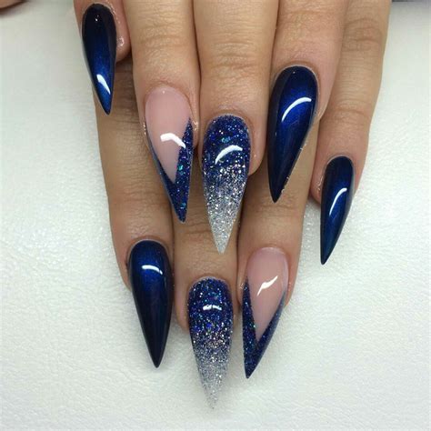 Blue And White Glitter Ombre Stiletto French Tip Blue Gel Nails Blue