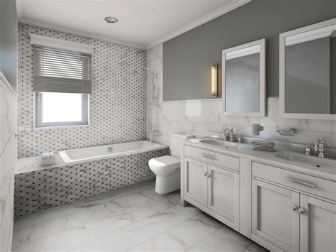 Half bathroom with grey painted wall, wallpaper with long bridges picture in the back, white toilet, white long round sink of clever ideas for beautiful minimalist half bathroom. Your Complete Guide to Bathroom Tile | Why Tile®