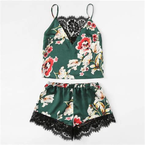 Floral Print Lace Cami Top And Shorts Satin Pajama Set Women Spaghetti