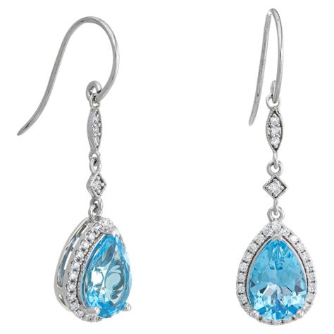 Cushion Blue Topaz And Diamond Gold Drop Earrings Estate Fine Jewelry
