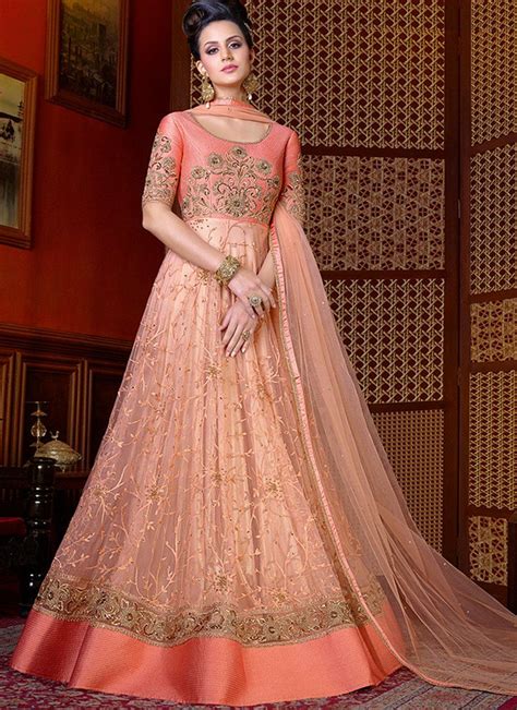 Light Peachy Pink Embroidered Net Anarkali Suit Bridal Anarkali Suits Silk Anarkali Suits