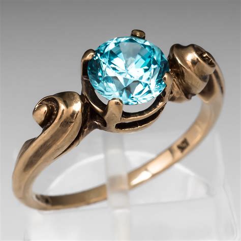 Retro Vintage Natural Blue Zircon Ring 10k Gold Colored Gemstone