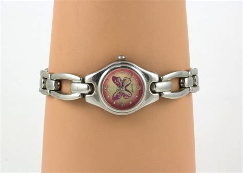 Faded Glory Wrist Watch Silver Pink Face With Butterfly Etsy Silver