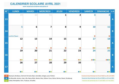 Calendrier Avril 2021 Avec Vacances Semaines Et Jours Fériés