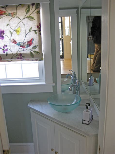 Small Powder Room Bathroom With Corner Vanity Cabinet Mount On Top