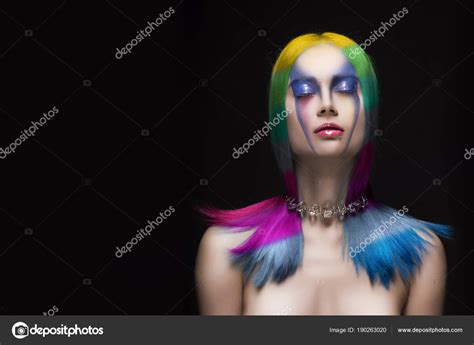 Beautiful Dyed Rainbow Multicolored Hair Naked Shoulders Closed Stock Photo By Alextorb