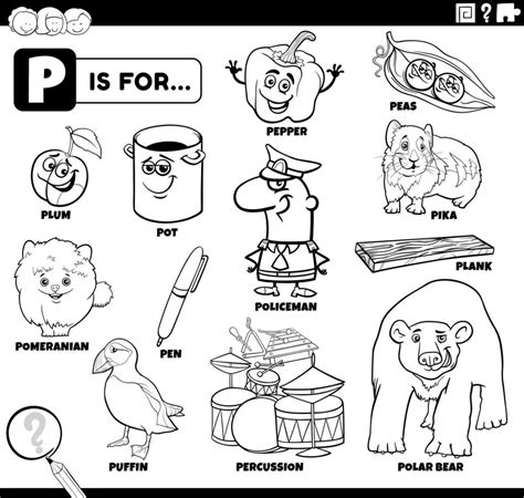 Letter P Words Educational Set Coloring Book Page 7456290 Vector Art At