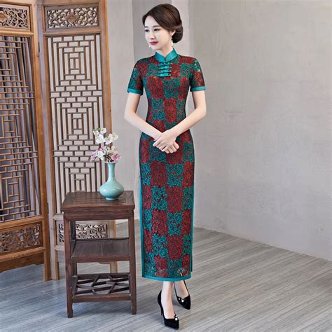 new arrival chinese style lace dress women slim long qipao mandarin collar short sleeve