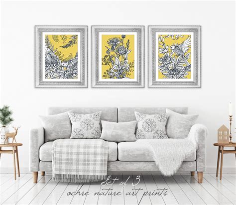 Set Of 3 Yellow Ochre Mustard Nature Wall Art Prints Yellow Wall Art
