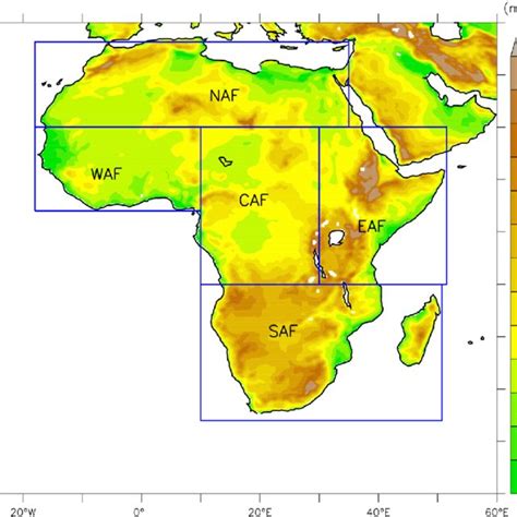 Regcm4 Topography M Of The Cordex Africa Domain The Boxes Indicate