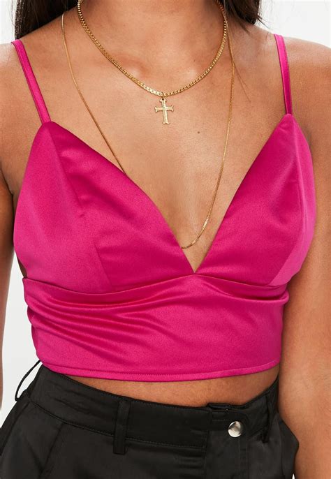 Pink Basic Satin Bralet Missguided Womens Tops Holiday Outfits Tops
