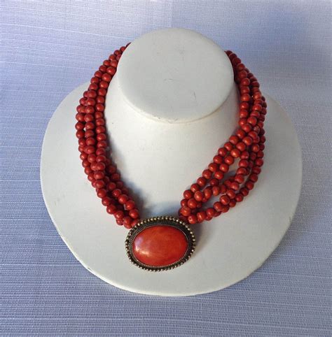 Coral Color Necklace W Large Medallion Multi Strand Coral Etsy