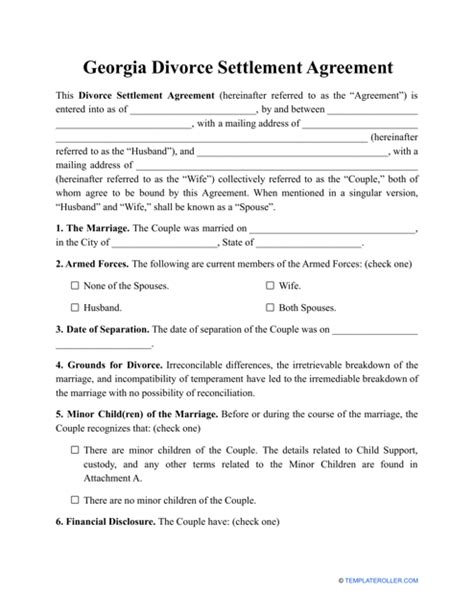 Georgia United States Divorce Settlement Agreement Template Fill Out Sign Online And
