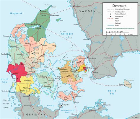 Denmark is linked geographically with northern europe, and has more than 4,500 miles of jagged, irregular coastline. Political Map Denmark - Travel Europe