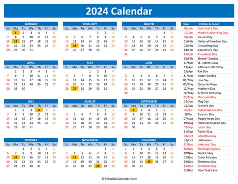 Free 2024 Calendar Printable With Holidays
