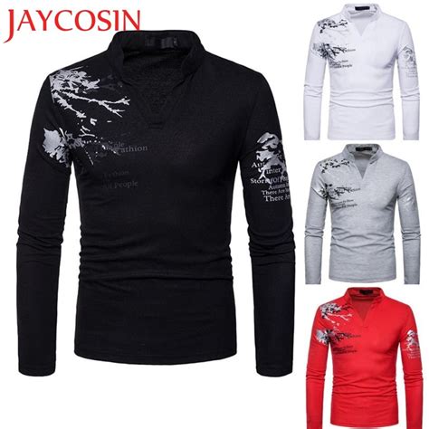 jaycosin newly 2018 men s casual print stand neck pullover long sleeved t shirt top shirt