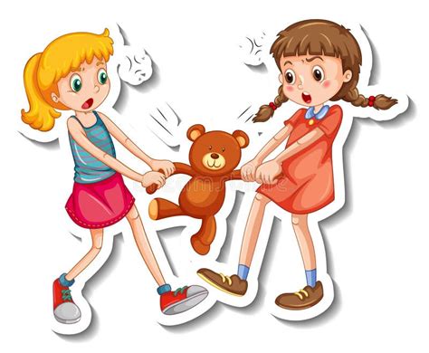 Sticker Template With Two Girls Fighting Over A Teddy Bear On White