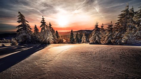 Mountain With Snow Covered Trees During Sunrise Hd Winter