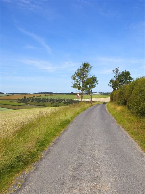 A Country Road With Hedgerows And Patchwork Fields In Summertime Stock