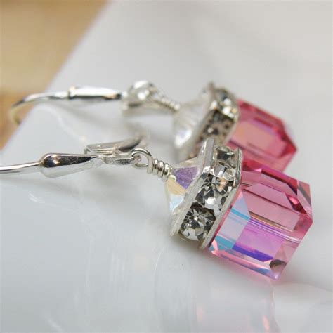 Pink Drop Earrings Swarovski Crystal Cube Sterling Silver Bridesmaid