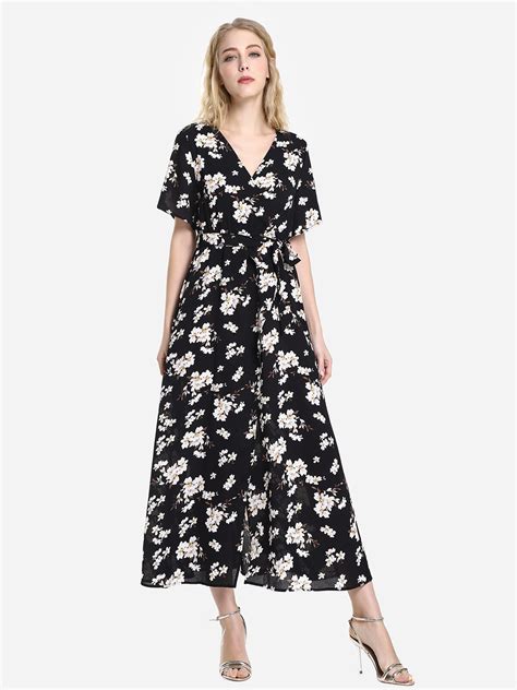 Wipalo Flower Print Short Sleeve Surplice Wrap Maxi Boho Summer Dress