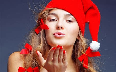 christmas naughty girl women s red and white santa hat christmas naughty hd wallpaper