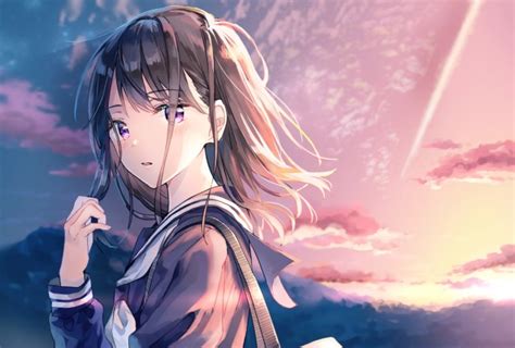 Download 1748x1181 Anime School Girl Sunset Profile View Short Hair Scenic Clouds