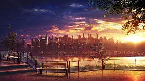 Wallpaper Anime Cityscape Skyscraper Skyline Sunset 3840x2160