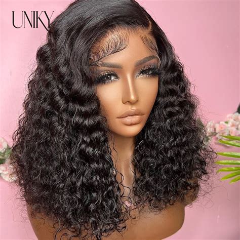 Bob Lace Wig Black Curly For Women Deep Water Curly Wave Human Hair