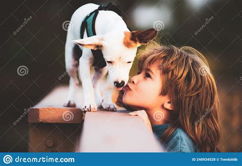 Portrait Child Boy Kiss Puppi Dog Friend Pet Funny Photo Of Happy