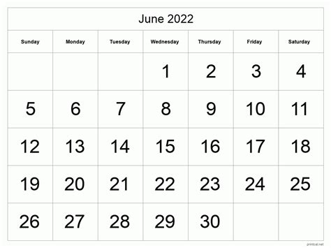 Printable June 2022 Calendar Big Dates