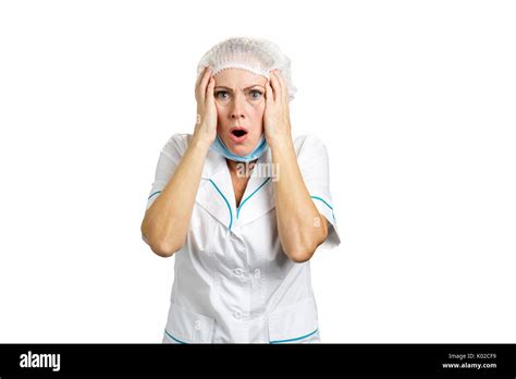 Attractive Female Doctor Looking Shocked Medical Middle Aged Female Doctor Shocked And