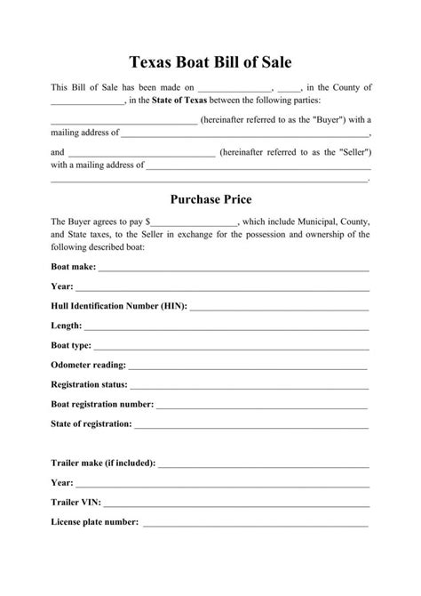 Free Texas Boat Bill Of Sale Template Fillable Forms