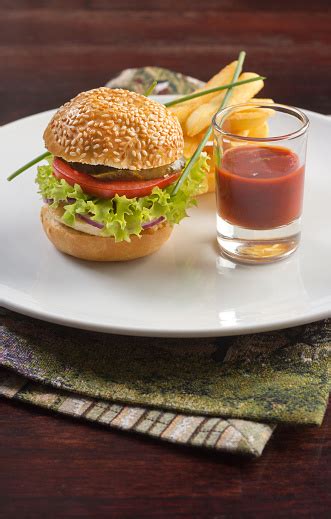 Hamburger With French Fries And Ketchup Stock Photo Download Image