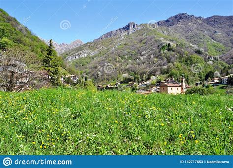 Beautiful Flowering Green Spring Meadow And Panoramic View To Mountain