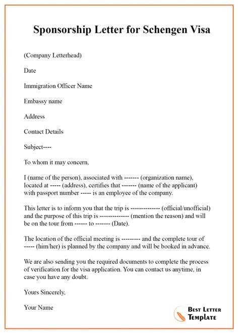 Sponsorship Letter For Visa Template Format Sample And Example