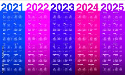 Year 2021 2022 2023 2024 2025 Calendar Vector Design Template Simple