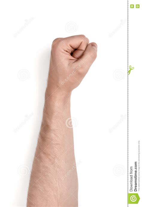 Close Up View Of Man S Hand Clenched Into Fist Isolated On White
