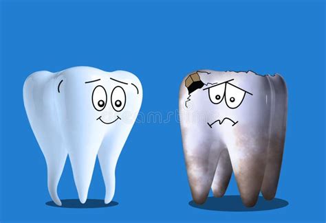 Healthy And Unhealthy Teeth On Blue Background Illustration Dental