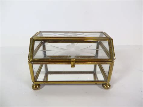 Vintage Glass Brass Box Rectangle Etched Glass Box Jewelry Casket Haute Juice