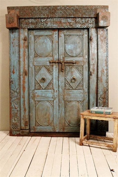 Original Antique Indian Hand Constructed Teak Wood Blue Two Door Set