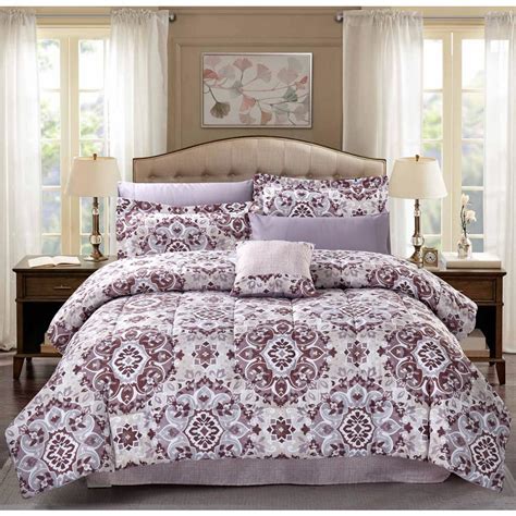 Pinstripe bedding set in contrasting dark graphite grey. Brown & Grey Santiago 9-Piece Mauve Medallion Full/Queen ...