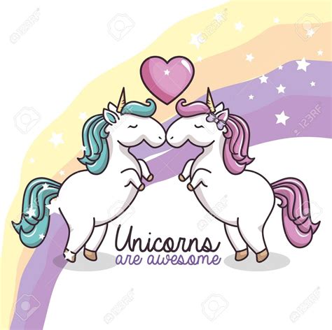 Cute Unicorns With Heart Over White Background With Rainbow Vector