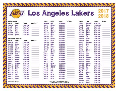Each season's los angeles/minneapolis lakers roster listed by player, position, height, weight, and school. Printable 2017-2018 Los Angeles Lakers Schedule