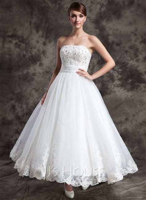 A Line Princess Strapless Ankle Length Satin Organza Wedding Dress With Lace Beading