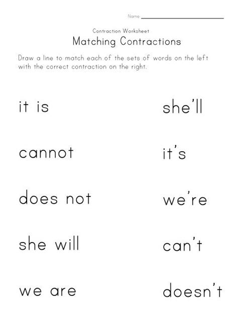 Contraction Matching Worksheet Kids Learning Station Contraction